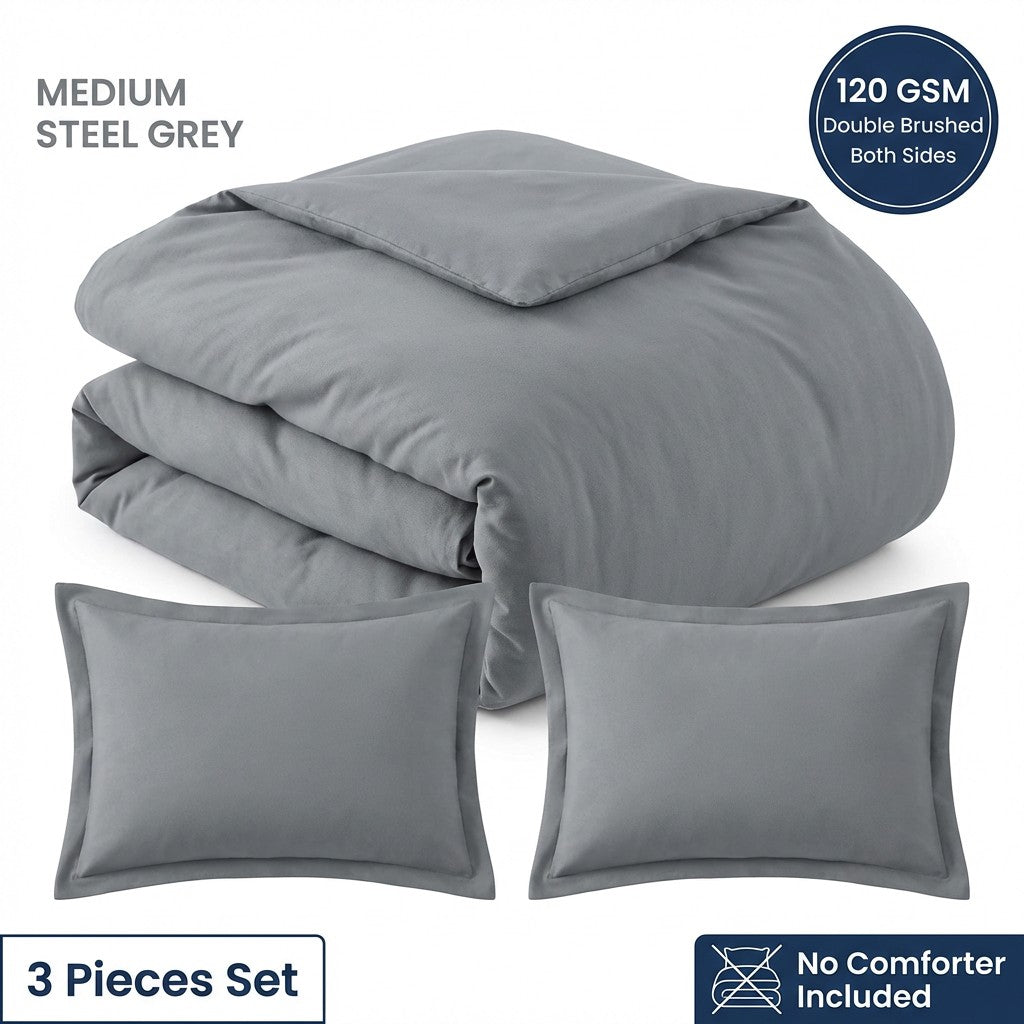 Queen Size Double Brushed Duvet Cover Set, 3 Pieces Soft Breathable Solid Bedding Set with Zipper Closure, No Comforter