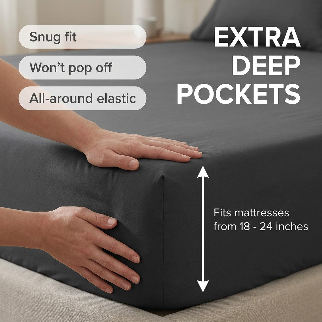Queen Size 6-Piece Sheet Set, 21 Inch Extra Deep Pockets, Breathable Cooling Wrinkle-Resistant Microfiber, Hotel-Grade Luxury Bed Sheets & Fitted Sheet, Dark Gray