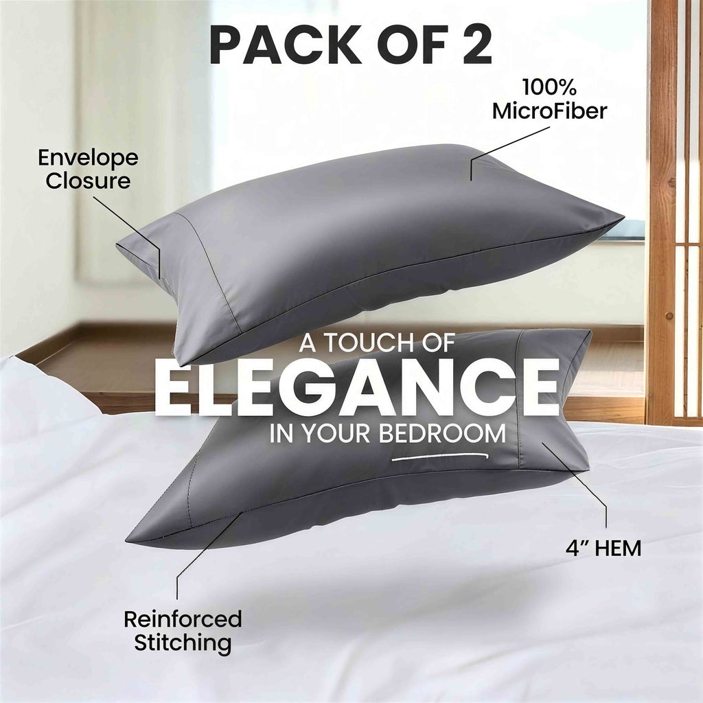 Queen Size Pillowcases 2 Pack | Grey Brushed Microfiber | OEKO-TEX Certified | 20" x 30"